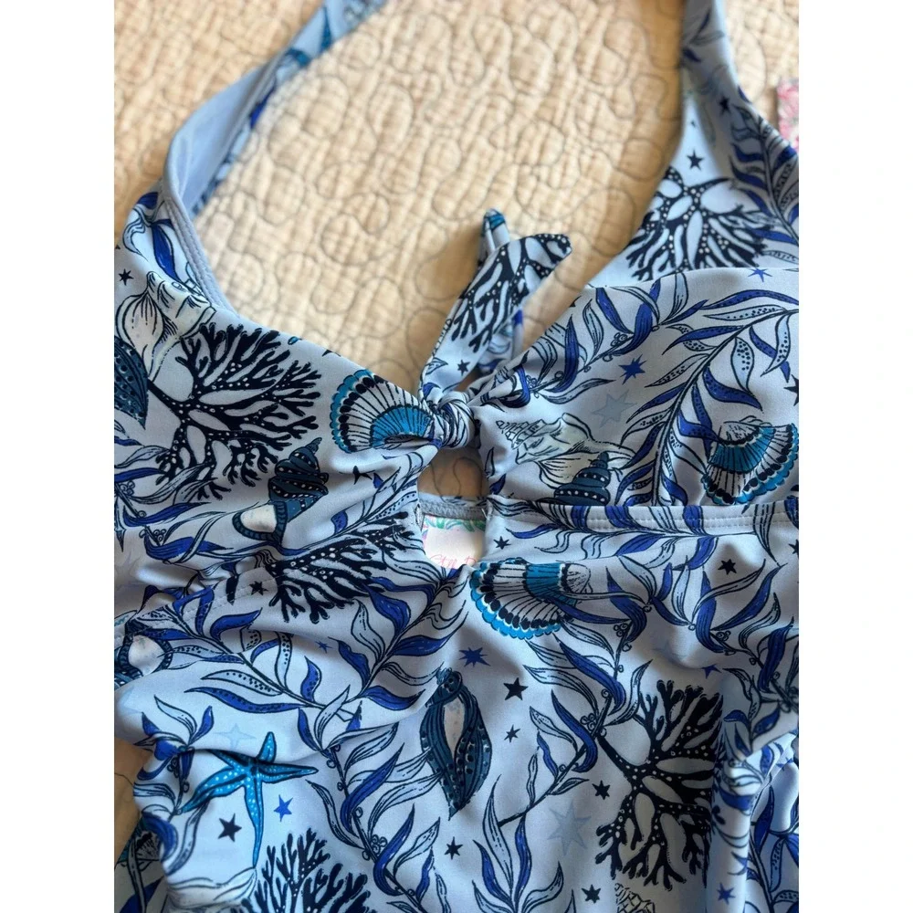 Stella‎ Parker Womens Blue Shore Halter One Piece Swimsuit Tummy Toner Large